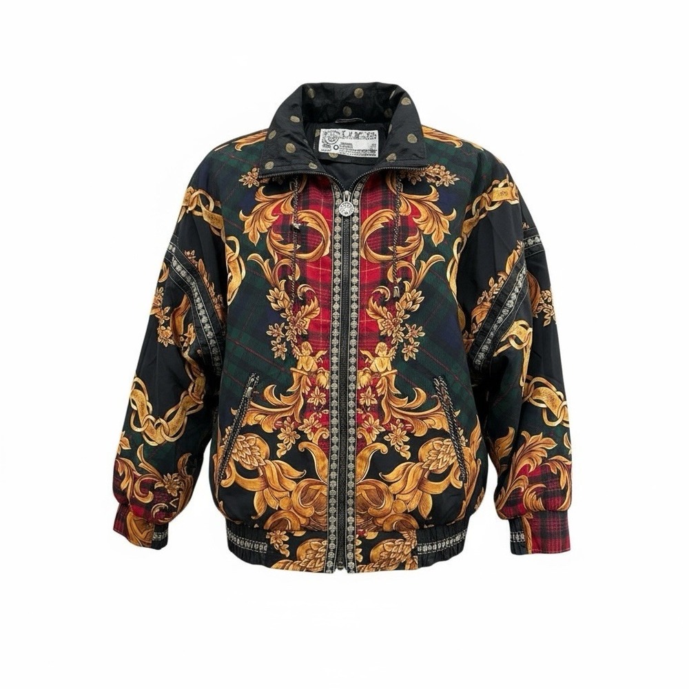 Vintage 90s Off Limits Bomber Jacket Plaid Ornate Baroque Mens Medium Full Zip - Picture 2 of 9